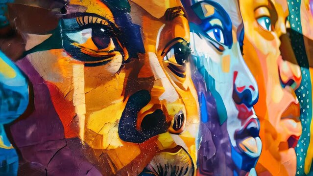 Colorful mural featuring faces of diverse individuals, showing vibrant abstract art