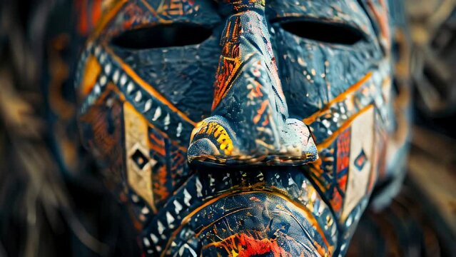 Detailed, colorful African tribal mask with intricate geometric patterns