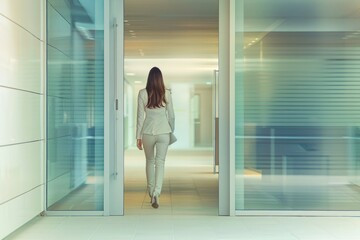 Walking In Door. Young Business Woman in Modern White Suit Entering Office Building