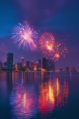 Fototapeta premium Fireworks festival over Cleveland skyline at night reflecting on water, city celebration and vibrant skyline lights