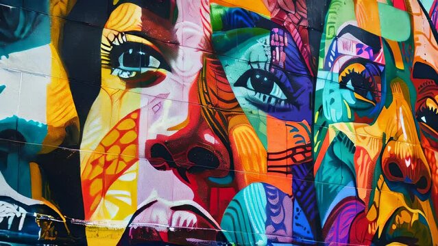 Colourful mural depicts diverse faces with intricate patterns