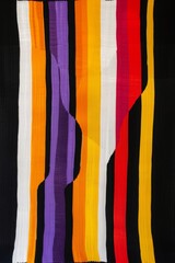 Naklejka premium colorful geometric design that has a black base with vibrant, asymmetrical stripes in various colors, including yellow, white, orange, purple, and red.