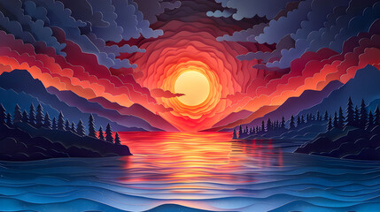 Paper Cutout of a Sunset Over Water, Simple and Striking