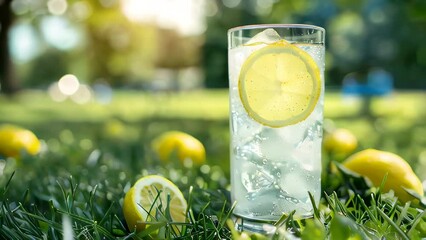 Cold lemonade with ice and lemon slices in glass, outdoors on grass