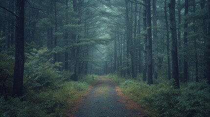 A serene, forested pathway meanders through lush, mist-covered trees, embodying the tranquil beauty and untouched feeling of nature in a foggy woodland setting