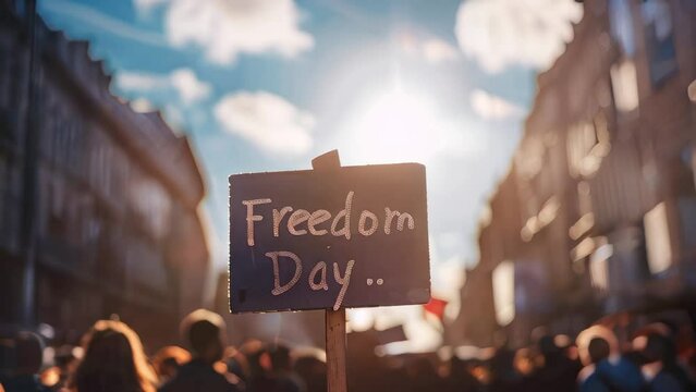 Diverse crowd on Freedom Day, people holding signs under sunny sky