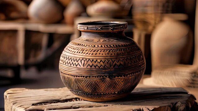 Handmade clay pot with intricate patterns, on rustic wooden surface