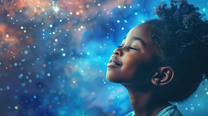 Banner with happy black African girl looking up at the stars with galaxy sky background and copy space