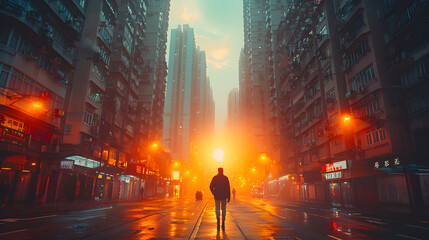 City Life: A Person Walking by a Tall Building