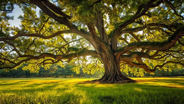 Majestic sprawling tree with extensive branches in lush green park