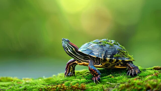 Turtle with vibrant shell rests on mossy ground in forest setting