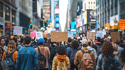 Protesters with signs advocating for solidarity in a bustling city street