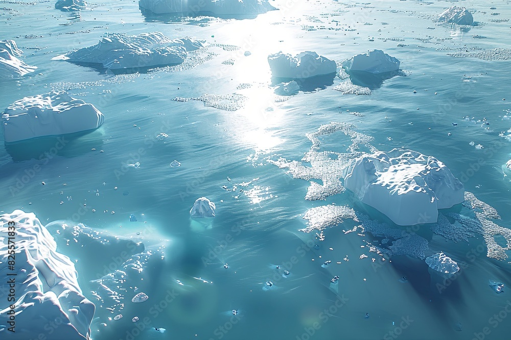 Poster multiple icebergs drift on icy arctic waters, showcasing varying sizes and shapes under the cold sky
