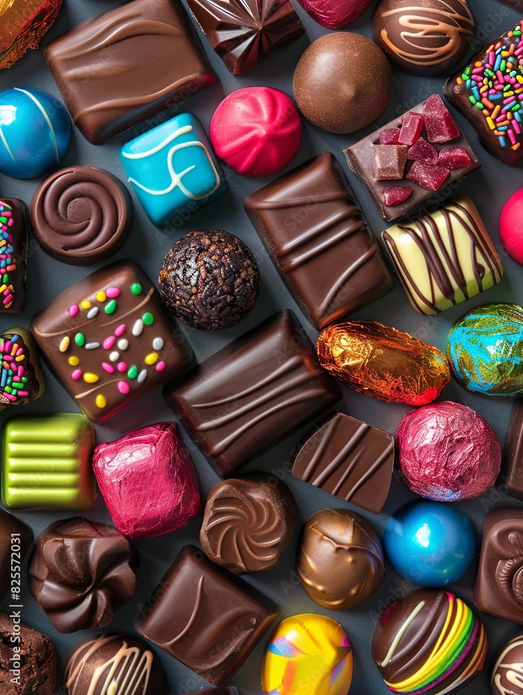 Poster Various types of brightly colored chocolate candies spread out on a table, each with shiny wrappers. Generative AI