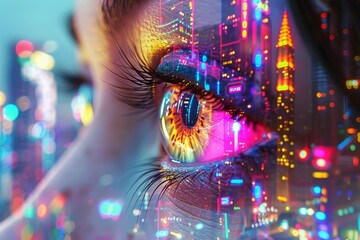 Neon lit cityscape reflected in an eye, highlighting vibrant nightlife and futuristic urban exploration