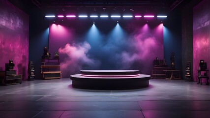 The stage is dark, with spotlights, neon lights, and an empty background of dark blue, purple, and pink. The studio area's smoke-filled interior texturing and the asphalt floor are perfect for showcas