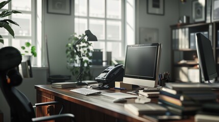 Modern office workspace with large windows, an organized desk setup featuring a computer, phone, and various books and files, and plants adding a touch of greenery
