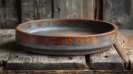 Fototapeta premium Aging metal tray with rusty texture placed on a weathered wooden surface, showcasing rustic aesthetics and vintage charm in a serene setting