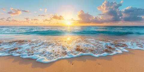 Stunning Ocean Sunrise with Golden Sands, Gentle Waves, and Vibrant Sky Captures the Beauty and Tranquility of Early Morning Beach
