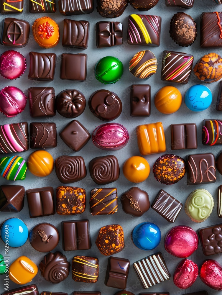 Aufkleber Various types of colorful chocolates in shiny wrappers spread out on a table. Generative AI