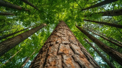 Fototapeta premium A stunning upward view of towering trees with lush green leaves forming a natural canopy, highlighting the beauty and tranquility of a dense forest environment