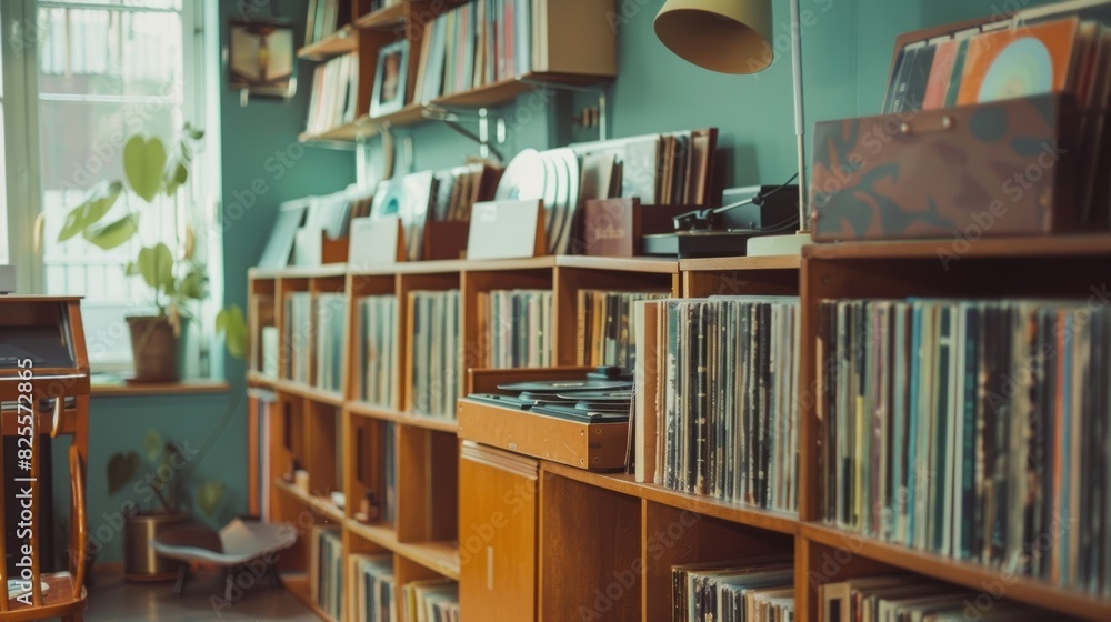 Aufkleber a relaxed cafe with a record wall inviting customers to sit back browse and select from a diverse co