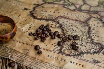 Scattered coffee beans on an old world map, depicting the global journey of coffee