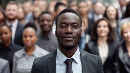Fototapeta premium A diverse group of business people are smiling at the camera, standing in front of each other and looking into the frame. The focus is on one man wearing professional attire. generative AI