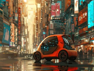 A compact electric city car in a bustling urban environment