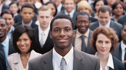 Fototapeta premium A diverse group of business people are smiling at the camera, standing in front of each other and looking into the frame. The focus is on one man wearing professional attire. generative AI