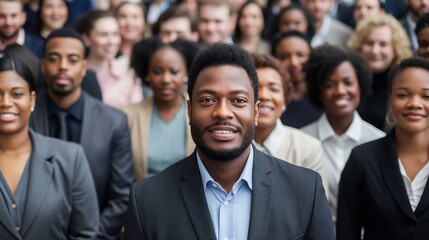 Fototapeta premium A diverse group of business people are smiling at the camera, standing in front of each other and looking into the frame. The focus is on one man wearing professional attire. generative AI