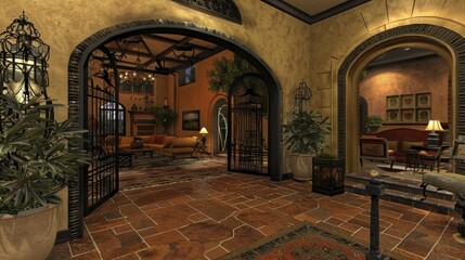 Mediterranean Villa-Inspired Living Room With Arched Doorways, Tiled Floors, And Wrought Iron Accents, Room Background Photos