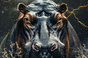 A close up of a hippo's face with a storm in the background