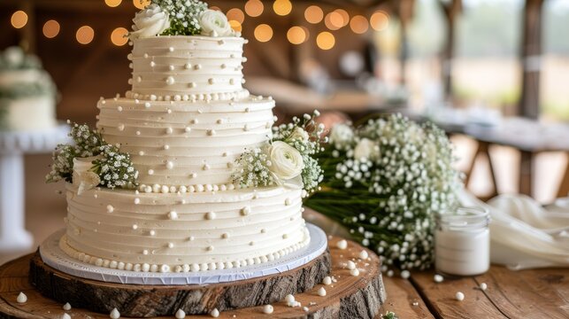 A beautifully decorated three-tier wedding cake with white frosting and delicate white roses, set in a rustic yet elegant wedding venue with soft, romantic lighting