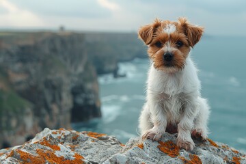 Adorable small brown and white dog sitting on rocky cliff overlooking a vast ocean landscape with overcast sky in the background - Powered by Adobe