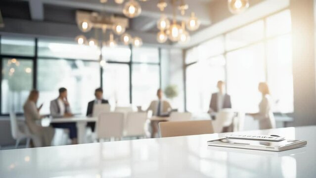 Business Meeting in Progress. Blurred Office Background Video. Modern Workplace. Collaborative Business Meeting in Open Office.