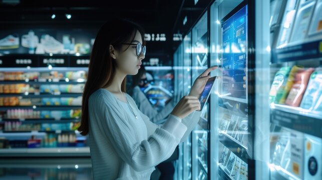 Professional project manager looking at data analysis and inspecting sales at monitor at shopping mall. Attractive business people selecting product by using hologram with blurring background. AIG42.