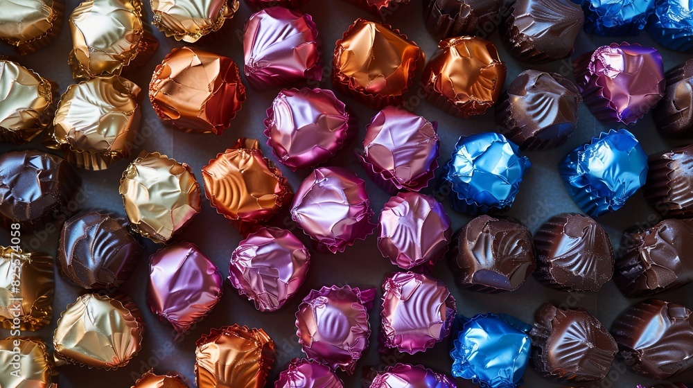 Poster a variety of colorful chocolate candies arranged in a pile on top of a table. generative ai
