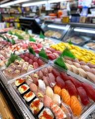 Close-up of a variety of fresh sushi and sashimi on display at a Japanese restaurant or market.