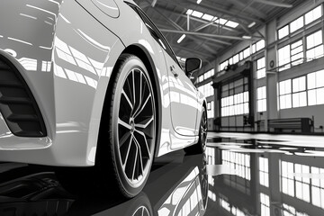 Sleek Monochrome Sports Car Parked in Spacious Warehouse with Industrial Backdrop