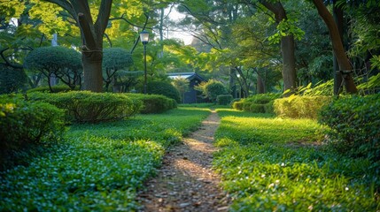 Obraz premium Tranquil garden path surrounded by lush green foliage and trees leading to a serene black house under the warm glow of sunlight