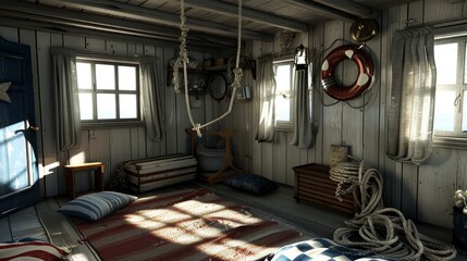 Nautical-Themed Living Room With Navy Blue Accents, Striped Patterns, And Rope Decor, Room Background Photos