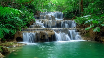 Fototapeta premium A serene and enchanting multi-tiered waterfall cascading through lush green tropical forest creating a tranquil and picturesque natural landscape