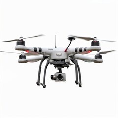 a white drone flying in the air with a camera attached