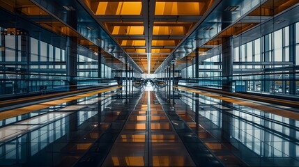 Aerial view of a busy airport terminal with planes parked at gates, resembling a kaleidoscope pattern, showcasing modern aviation infrastructure.