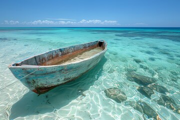 Naklejka premium An old wooden boat gently rests on crystal-clear shallow waters with a backdrop of a serene blue ocean and vibrant sky depicting a peaceful and idyllic coastal scene