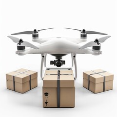 a white drone with a box and a camera