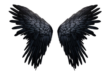 Majestic Black Wings Spread Wide. A pair of detailed, black bird wings with feathers fanned out on a transparent background. Perfect for concepts like freedom or fantasy-themed projects.