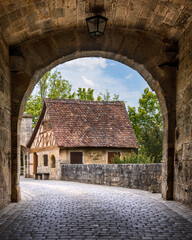 Beautiful view of the defensive wall in Rothenburg ob der Tauber, Bavaria, Germany