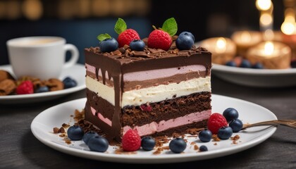 A chocolate cake with blueberries and raspberries on top of a white plate - Powered by Adobe